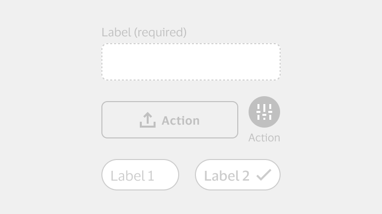 Disabled examples are input field, rectangular and icon buttons, and chips have all light gray colors and text. The input field has a dotted border instead of a solid line.
